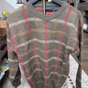 Vintage Gabrielle Men's Checkered Crewneck Sweater - Olive and Red